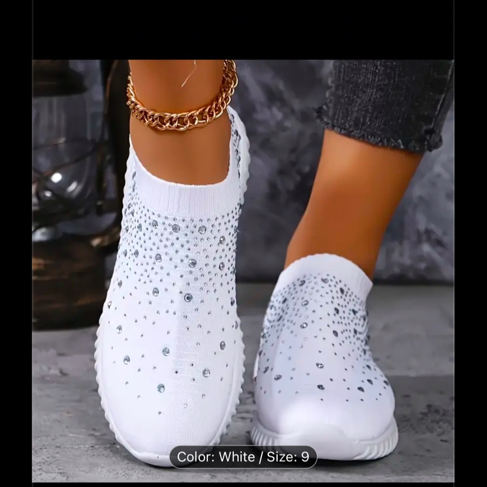 White Rhinestone Slip-On Sneakers